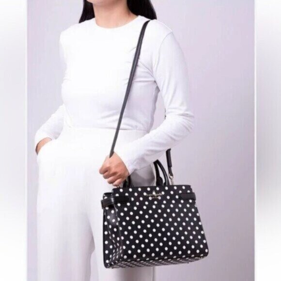 Kate Spade Leather Polka Dot Satchel Medium Staci Preppy Feminine Neutral Mod - Picture 2 of 16